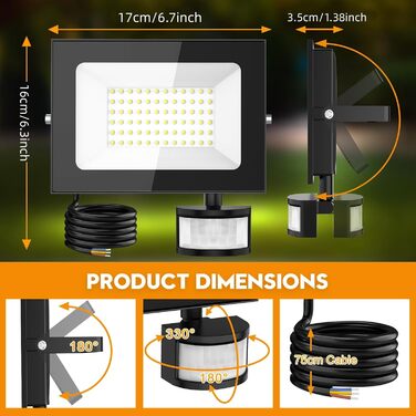papasbox 2 Pack LED Floodlights with Motion Sensor and Light Sensor | Outdoor Floodlights/Spotlights with Remote Control | 6500K Cool White IP66 Waterproof Floodlight for Garden, Garage, Sports Field (50W, 2 Pack)