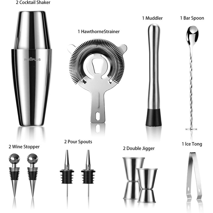 Набір для приготування коктейлів, професійний шейкер Boston, 12 предметів, нержавіюча сталь