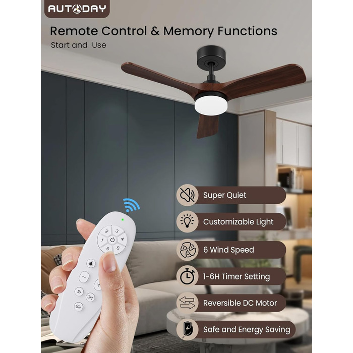 Дерев'яний стельовий вентилятор з підсвіткою, тихий DC-двигун, 90 см, для вулиці, 3 лопаті, диммування LED 24W, пульт з пам'яттю, 6 швидкостей, таймер, текстурована деревина