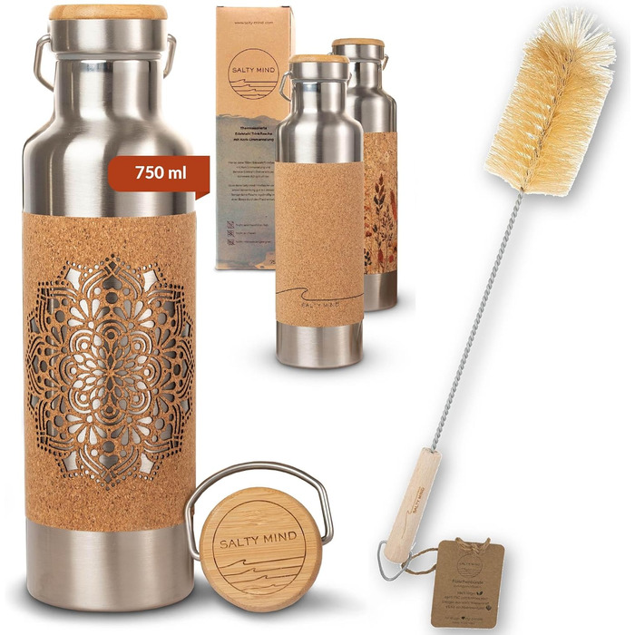Stainless Steel Water Bottle 750ml - Sustainable, insulated thermal water bottle made of stainless steel, leak-proof - Iso bottle without harmful substances, BPA-free - Thermos drinking bottle (floral print) (Mandala (laser cut) + bottle brush)