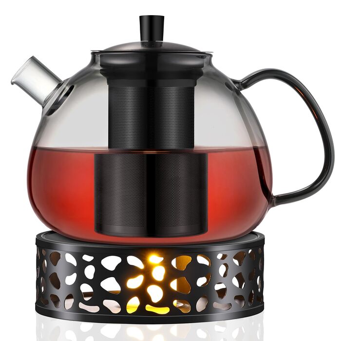 Чайник Ecooe 1.5L зі стійкою, скляний чайник та підставка для чаю з нержавіючої сталі (чорний, 1500 мл)
