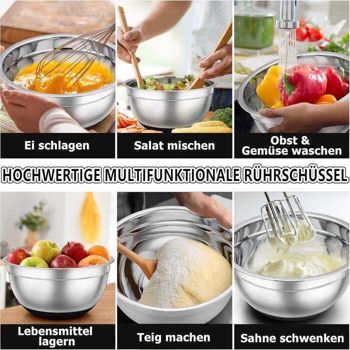 TEAMFAR Mixing Bowl Set of 7, Stainless Steel Bowl Salad Bowl Set with Airtight Lids and Silicone Bottom, Nesting & Dishwasher Safe, 0.7L / 1.2L / 1.5L / 2.5L / 2.8L / 3.5L / 6.5L, black