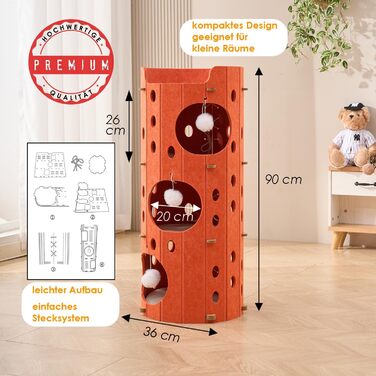 Котяча кігтеточка преміум-класу з 4 ярусами та 3 будиночками, філц, 90 см, зелений (помаранчевий), 35x35x90 см