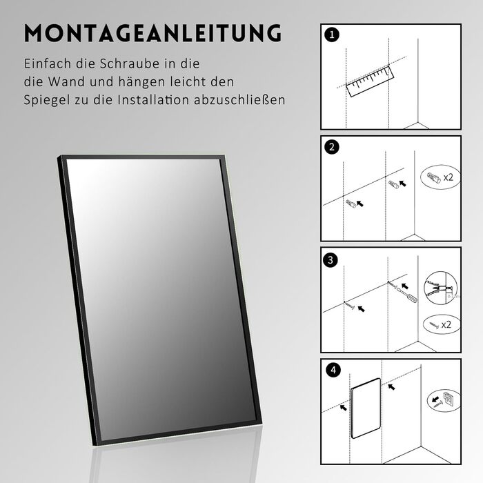 Дзеркало настінне прямокутне з заокругленими кутами, 40x60 см, чорне, з нержавіючої сталі, для ванної кімнати та вітальні