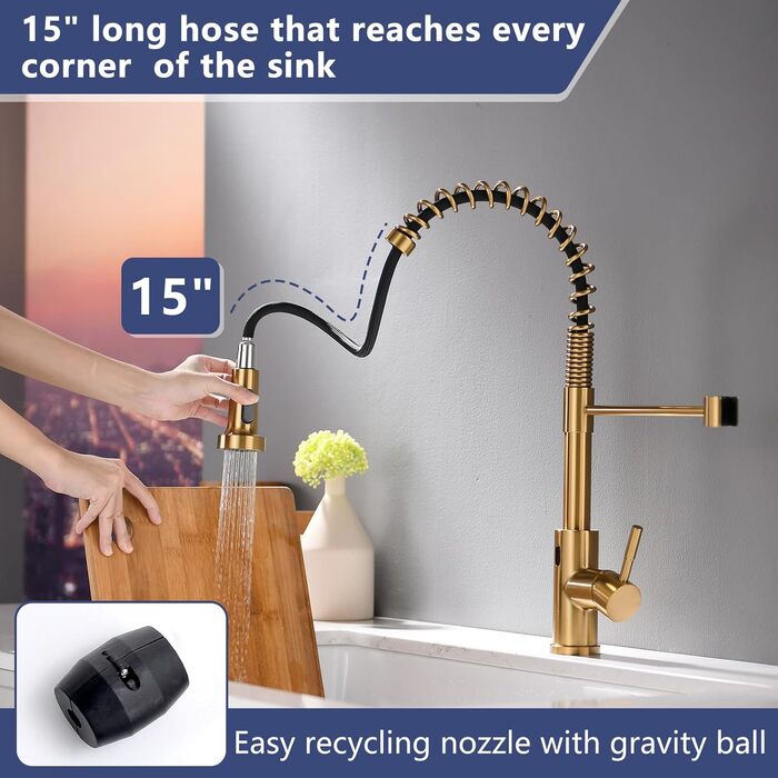 Інфрачервоний сенсорний кран для кухні з висувною лійкою, кухонна арматура 360° обертання, змішувач для кухні, одноручний змішувач, кран з спіральною пружиною, кран для мийки, щіткове золото, інфрачервоний сенсор