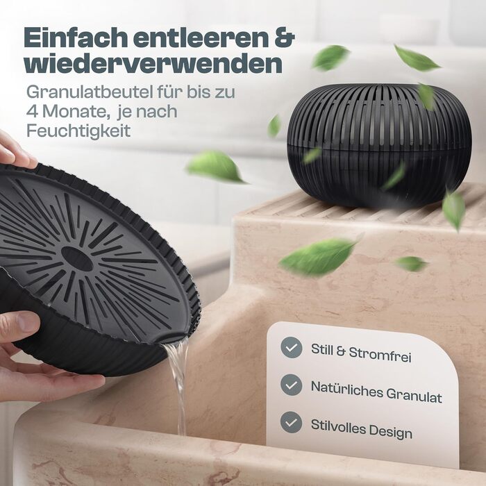 Зволожувач повітря Flow без струму до 25м² [НОВА ФОРМУЛА] - абсорбер вологості для комфортного мікроклімату, 450г гранул, чорний