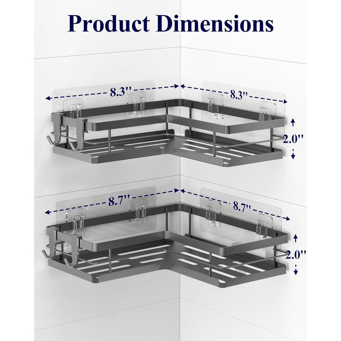 Набір полиць для душу Kitsure без свердління – 2 шт. Стабільні полиці для душу без свердління з швидким зливом, з нержавіючої сталі та міцною клейкою фіксацією для ванної кімнати (22,0 x 22,0 x 5,0 см, Темно-сірий)