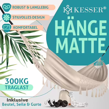Гамаки KESSER 320x150 см, до 300 кг, дихаюча та водостійка тканина з китицями, для 1-2 осіб, для кемпінгу, саду та відпочинку, з сумкою, мотузками і ременями, бежевий