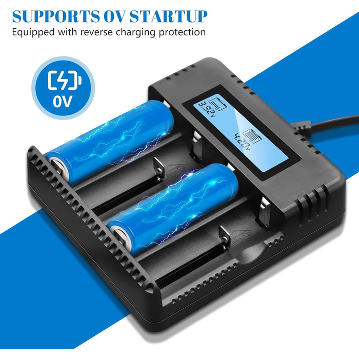 Зарядний пристрій для акумуляторів Li-Ion з LCD-дисплеєм: швидка зарядка 4 слоти, сумісний з 26650/18650/14500/16340