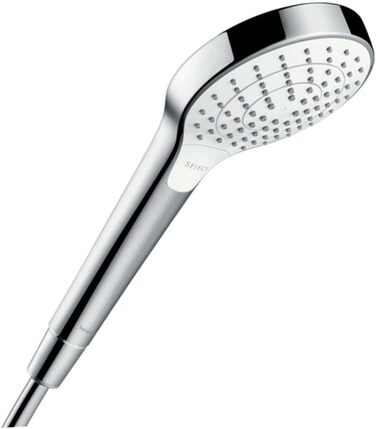 hansgrohe Croma Select S - Showerhead, Hand Shower with 3 Spray Patterns, Round Showerhead (110 mm), Showerhead with Anti-Limescale Function, White/Chrome, 26802400