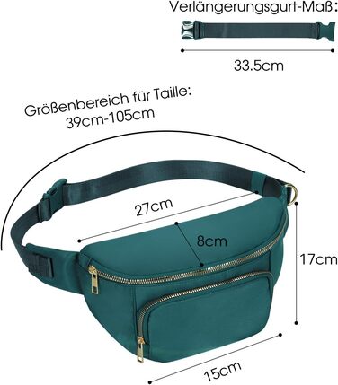 Сумка на пояс для жінок та чоловіків, стильна, з 4 кишенями на блискавці та регульованим ремінцем, ідеальна для подорожей та піших прогулянок (Patent Pending), колір: бірюзовий