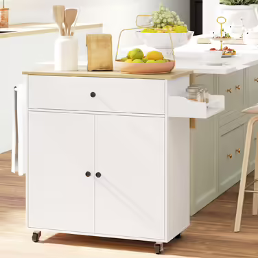HOMCOM Kitchen Island Rolling Cart with Folding Worktop, Drawer, Kitchen Cabinet on Wheels with Shelf, Towel Rail, Spice Rack, Serving Cart White | Aosom