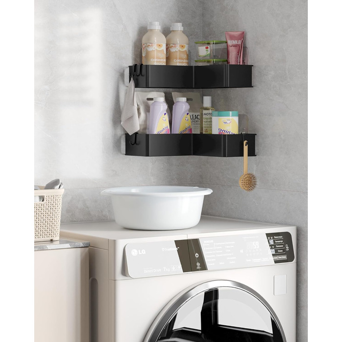 Поличка для душу Kitsure L-подібної форми без свердління - 2 шт. Міцна поличка для кута без свердління з 4 гачками та клейкими смугами, нержавіюча сталь для ванної, кухні та пральні, 24,4 x 11,9 x 6,2 см, Чорний