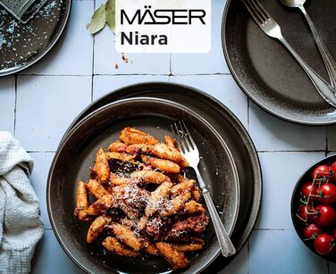 MÄSER 934021, Niara Series, Modern Plate Set for 6 People in Exciting Vintage Look, 12-Piece Ceramic Tableware Set in Grey and Black, Stoneware Plate Set 12-Piece Grey