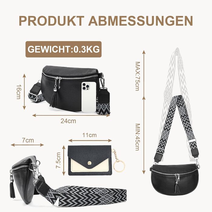 Жіноча сумка через плече з широким ременем, поясна сумка з натуральної шкіри, стильна з багатьма відділеннями для карток, кросбоді, гаманець (чорний)