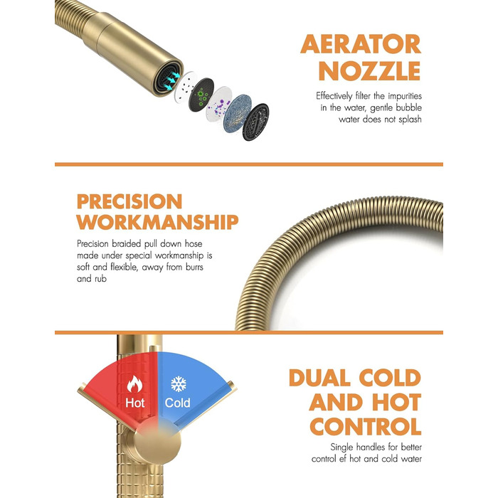 Кухонний змішувач TIMACO висувний, поворотний на 360°, золото. Змішувач для кухні, одноручний, для мийки.