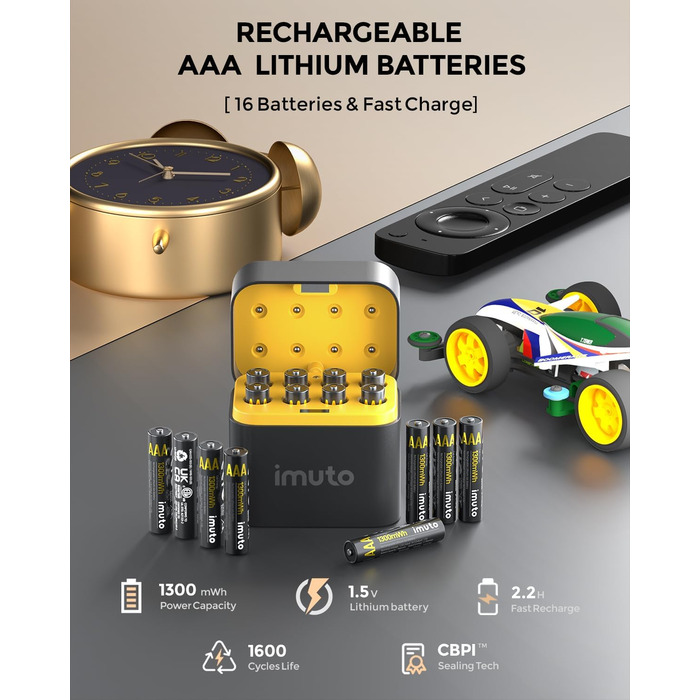 Акумулятори Li-ion AAA 1300mAh Imuto (8 шт.) з зарядним пристроєм, 1.5V, висока ємність, з інтегрованою коробкою для зберігання та зарядки
