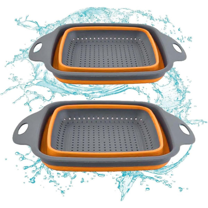 Ситечко для кухні складне, сито для зливання з нержавіючої сталі та силікону, 2 розміри (24.5+29.2 см), помаранчеве