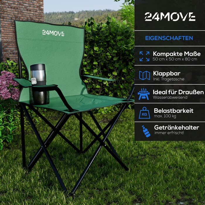 Набір з 2-х складних крісел для кемпінгу та риболовлі 24MOVE® - крісла для відпочинку на природі, з підстаканником, поліестер, для використання в приміщенні та на вулиці (зелені)