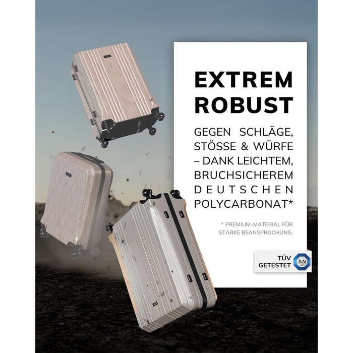 Набір валіз FERGÉ 3 шт. з жорстким корпусом та TSA-замком. Валізи-тролії (Handgepäck, L, XL). Жорсткий корпус, 4 колеса, полікарбонат, колір: Ivory-matt