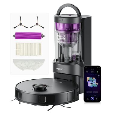 Робот-пилосос EUREKA E20 Plus чорного кольору з функцією миття підлоги, LiDAR-навігація, 4000Pa, автопідняття мопа, керування через додаток та голосовий помічник, ідеально для видалення шерсті тварин
