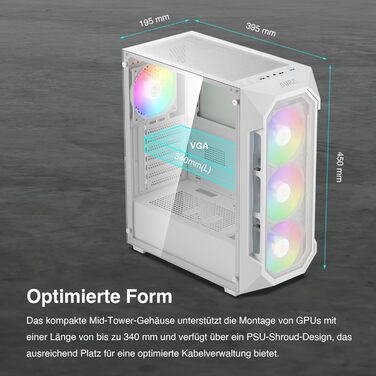 Корпус для ПК Gamdias Aura GC1 Elite WH ARGB: Midi-Tower з 4 ARGB-вентиляторами, сітчаста передня панель, скло, підтримка синхронізації материнської плати, чорний