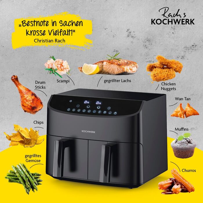 Двокамерна аерофритюрниця Rachs KOCHWERK 7 л, цифрова, сенсорна панель, 10 програм, 2 камери по 3,5 л, нержавіюча сталь, без масла, Smart-Cook, 2400 Вт, чорна