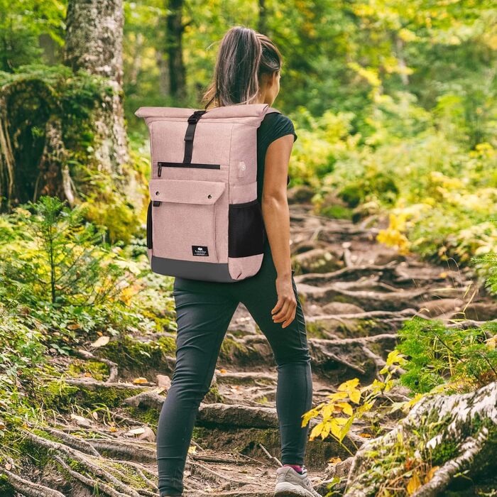 Ролтоп рюкзак для ноутбука 15,6 дюймів: бізнес, школа, подорожі. Ергономічний, водостійкий, дихаючий. Для чоловіків та жінок. З кофргартом (рожевий)