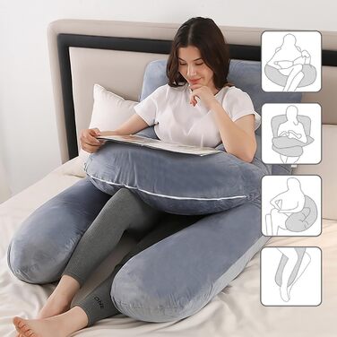 Подушка для вагітних Caliyo 2 шт. U-подібної форми, для сну на боці, з чохлом, велика подушка для годування, подушка для вагітних та комфортна подушка для дорослих (сірий, кристалевий велюр)