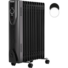 Електричний масляний радіатор Heinrich з 13 ребрами, 2500W, з вентилятором, терморегулятором, захистом від перегріву та нахилу, чорний