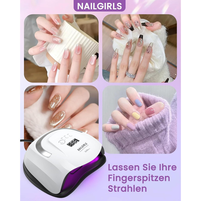 LED UV лампа для нігтів NAILGIRLS 150W з таймером, автосенсором та LCD дисплеєм. Підходить для гелевих нігтів пальців та ніг. Знімний магнітний майданчик.