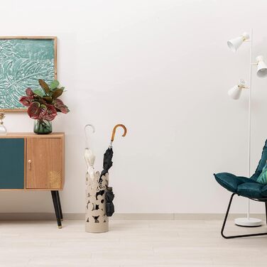 Підставка для парасольки Baroni Home: сучасний дизайн, метал, квіти, 2 гачки, знімний контейнер, 19x19x49 см (білий, тауп)