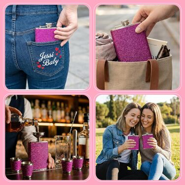 Персоналізований набір фляг 8oz з гравіюванням – фляга з нержавіючої сталі, 4 склянки, воронка та подарункова коробка для дружків, подарунок на весілля для чоловіків та жінок (Рожевий)