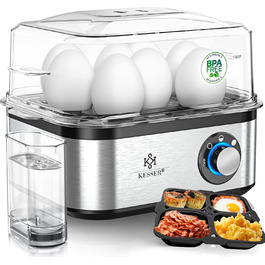 Електричний яйцеварка KESSER® на 1-8 яєць з нержавіючої сталі, 500W, функція підігріву, LED-регулятор, 3 ступені нагріву, BPA-Free, придатний для миття в посудомийній машині, мірна склянка, утримувачі для яєць та форма для омлету, срібно-чорний/срібний