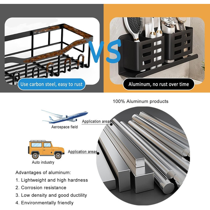 Тримач для зубних щіток на стіну без свердління, алюміній, чорний колір, самоклеюча кріплення для зубних щіток, пасти, бритви та гребеня