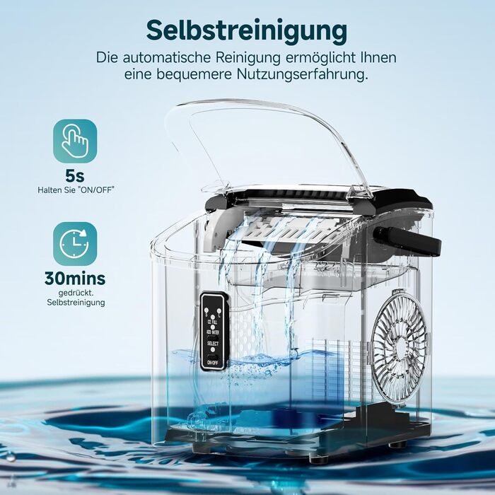 Машина для приготування льоду EUHOMY, 1.2л, чорна, самоочищення, портативна, 9 кубиків за 6 хвилин, 12 кг/день, 2 розміри кубиків