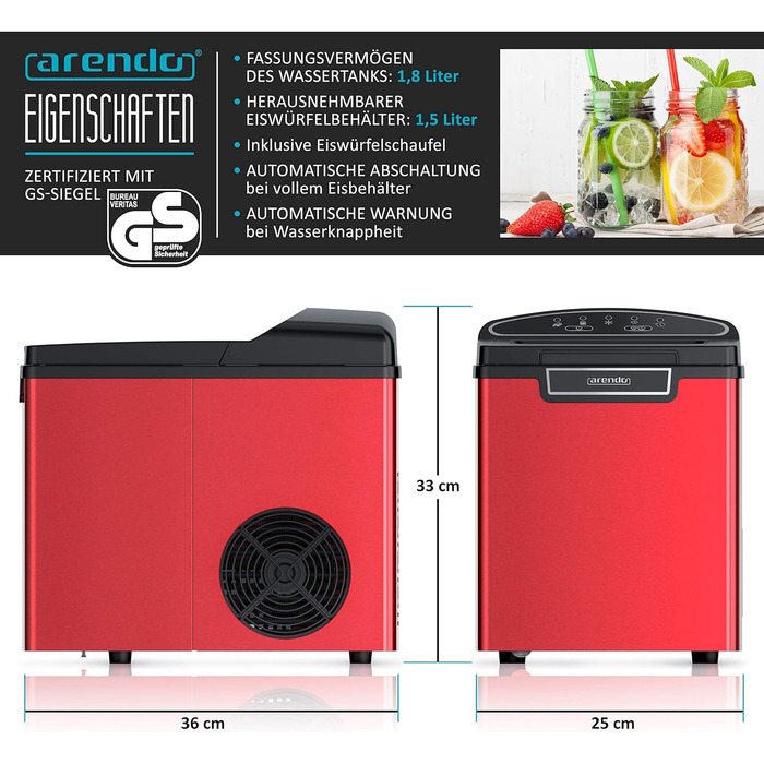 Stainless steel ice maker, ice cube maker, ice maker machine 1.8 Liter ice cube maker, ice cream machine with cooling, ice cube sizes small and large, status LEDs ABS BPA free, silver stainless steel (D: Red)