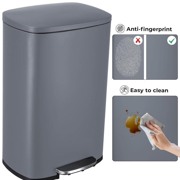 Відро для сміття LIFERUN 30л з кришкою, з м'яким закриттям, сталеве, з внутрішнім відром, для кухні, ванної кімнати, офісу (L-50L, сірий)