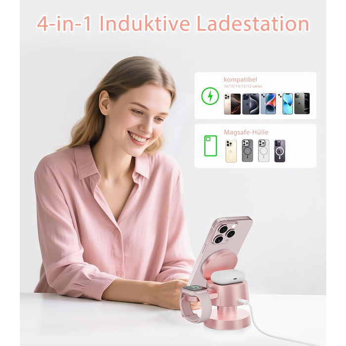 Бездротова зарядка 4-в-1 для iPhone 17/16/15/14 Pro Max з нічним світлом, сумісна з Apple Watch та AirPods, рожева