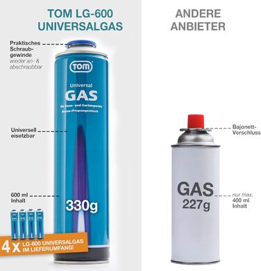 TOM Weed Burner Set + 4 x 330 g Universal Gas Cartridge with Screw Thread 600 ml – Flaming Device ideally suited for weed removal on paving stones, sidewalks, and paved joints. Grill lighter, Blue