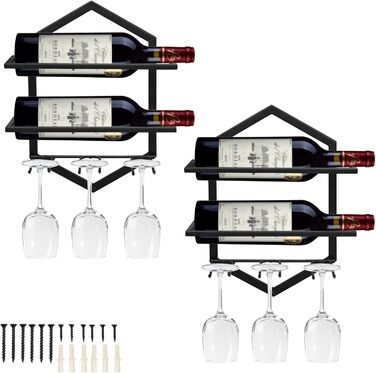 Giyiprpi Metal Wall-Mounted Wine Rack, Hanging Wine Glass Holder Organizer for 2 Bottles and 3 Glasses Included, Wine Shelf Red Wine Rack for Home Kitchen Bar Display Decor (Black 2)