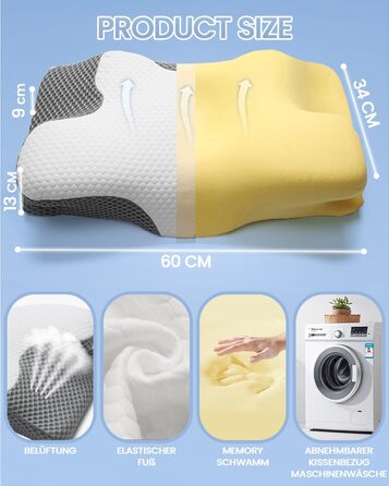 Ортопедична подушка для шиї з Memory Foam, Ergonomische, 2 висоти, для сну на боці, спині та животі, сірого кольору