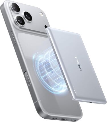 TORRAS MiniMag Ultra Slim Powerbank з MagSafe для iPhone 17 Pro Max, 5000mAh, Швидка зарядка, Бездротовий акумулятор, USB-C, Серія Titan (Сріблястий)