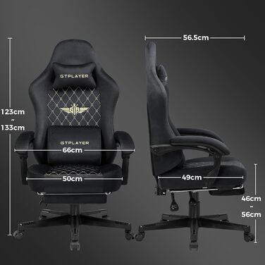 Геймерське крісло GTPLAYER Stoff: ергономічне офісне крісло для ПК, до 150 кг, з регульованою спинкою, підлокітниками та підставкою для ніг, чорне