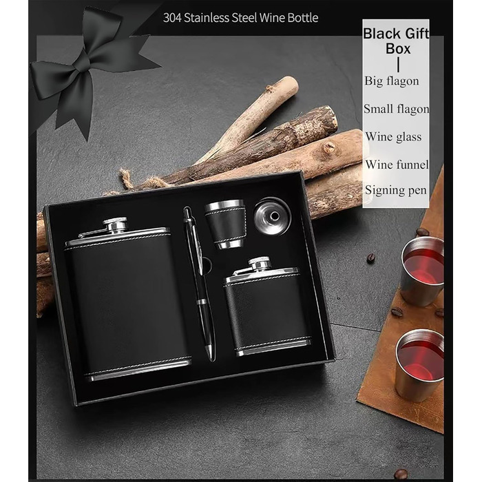 Персоналізований набір фляг 8oz + 3oz, чорна шкіра з келихом з нержавіючої сталі, ручка для підпису, воронка - подарунковий набір для чоловіків, ідеальний для подарунка на День батька