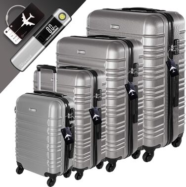 Набір валіз Devillo® Hartschalenkofferset 4шт. S-M-L-XL, чорний - жорсткий кейс, валіза для подорожей, ручна валіза, Rollkoffer з замком, 4 колеса, ABS, телескопічна ручка (Steel Symphony (Silver))