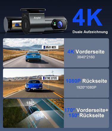 Відеореєстратор Avylet 4K+1080P з двома камерами (передня та задня), Wi-Fi, GPS, IPS дисплеєм, паркувальною функцією, Super Night Vision, WDR, 170° кутом огляду, G-сенсором, підтримка карт пам'яті до 256GB