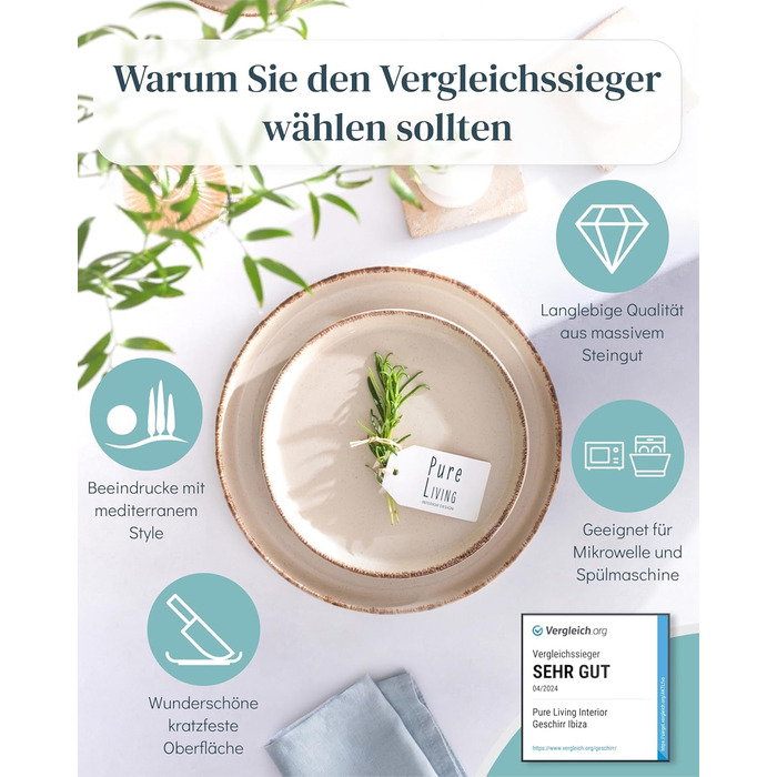 Набір посуду з каменю 12 осіб Rustic 48 предметів, Преміум якість, Стиль кантрі, Набір тарілок та мисок, Тарілька для сервірування, Набір Pure Living у бежевому кольорі 48 предметів