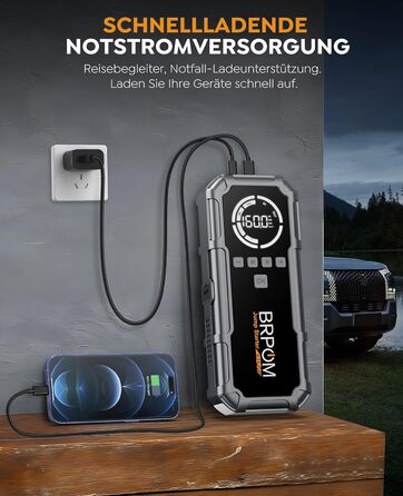 Powerbank Starthilfe BRPOM 8000A з компресором 160PSI для автомобілів, 26800mAh, підтримка бензинових та дизельних двигунів (12.0L), LED-ліхтар 600LUM, сріблясто-сірий колір