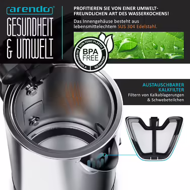 Arendo - Stainless Steel Kettle with Temperature Setting 40-100 Degrees - LED Display - Model DIVINE - 1.7 Liter - 2200 W - Tea Kettle with Temperature Indicator - GS